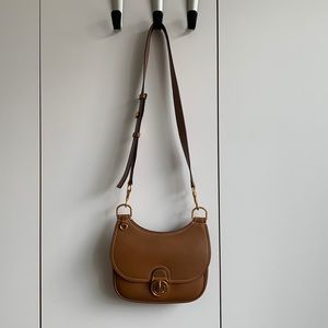 Tory Burch Purse James Small Saddle Bag Crossbody Tan Leather w/ Guitar Strap
